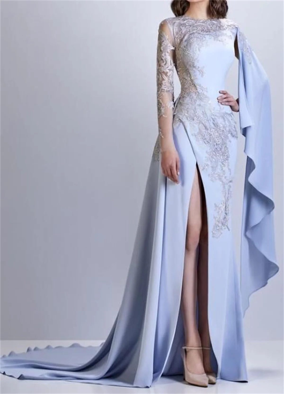 

Purple Sequin Lace Evening Dress Round Neck Long Sleeves Unilateral Cape Prom Gown Elegant Split Train Chiffon Fabric Fashion