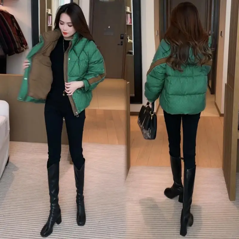 Пуховик контрастного цвета с узором гусиные лапки женская одежда на хлопковой