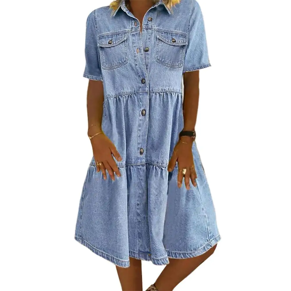

Women Dress Short Sleeve Turn Down Collar Pockets Single-breasted A Line Dress