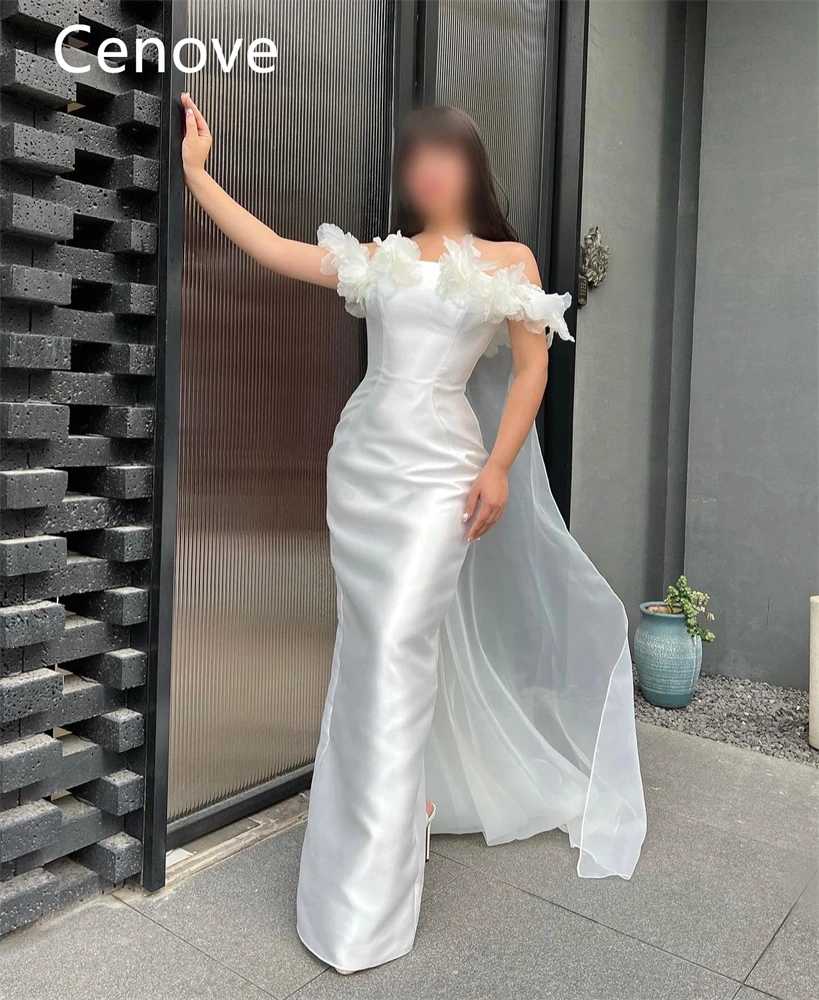 

Cenove White Off The Shoulder Prom Dress Floor-Length With Short Sleeves Evening Summer Party Dress For Women