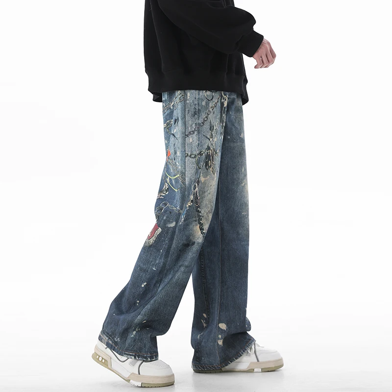 Джинсы мужские с цифровым принтом уличная одежда плотные свободные прямые