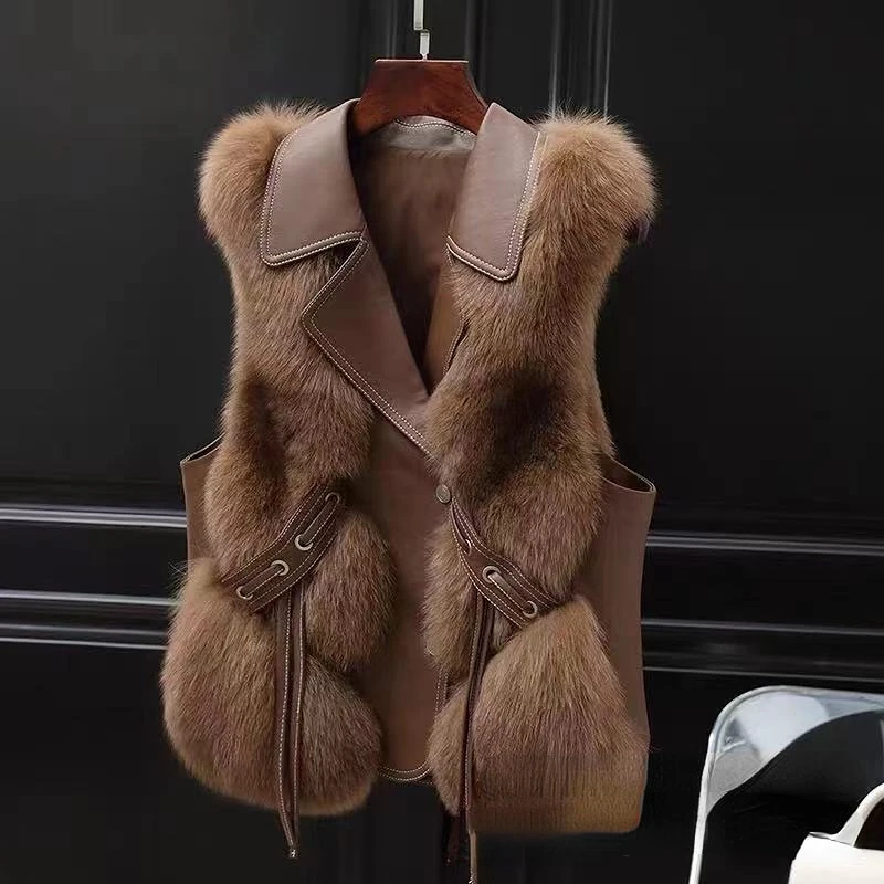 Fur Coat Women Autumn Winter New Warm Leisure Stitching Fox Fur Vest Coat Fashion Streetwear Sleeveless Jackets
