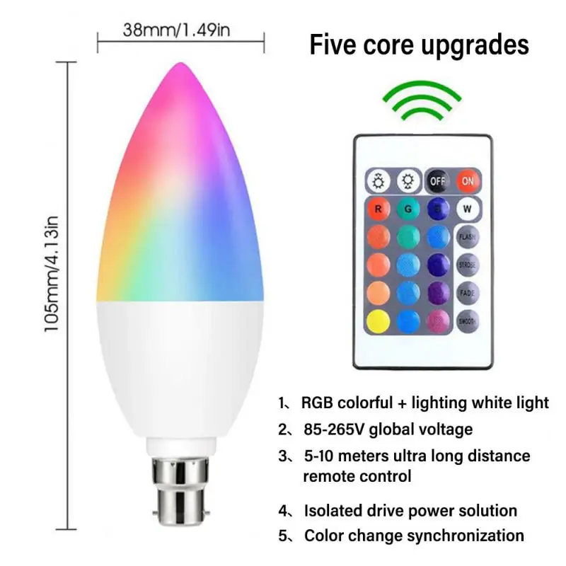 

Dimmable Colors Indoor Candle Light E12 E14 E26 E27 B22 Smart Home Remote Control Rgbw Light Bulbs 3-5w Led Bulb 6000k