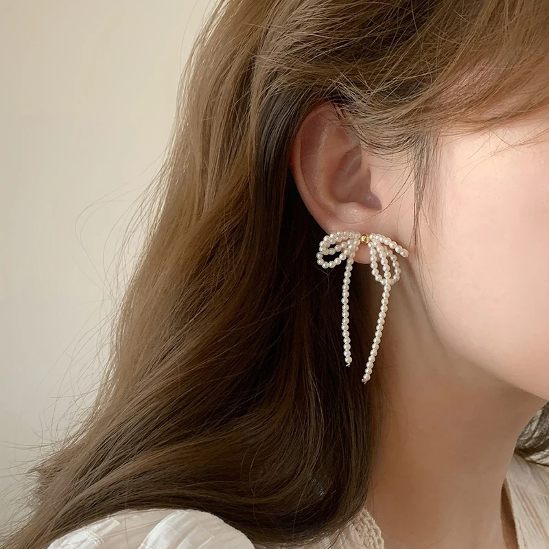 Элегантные Длинные Висячие Серьги С Бантом И Жемчугом Для Женщин Модные