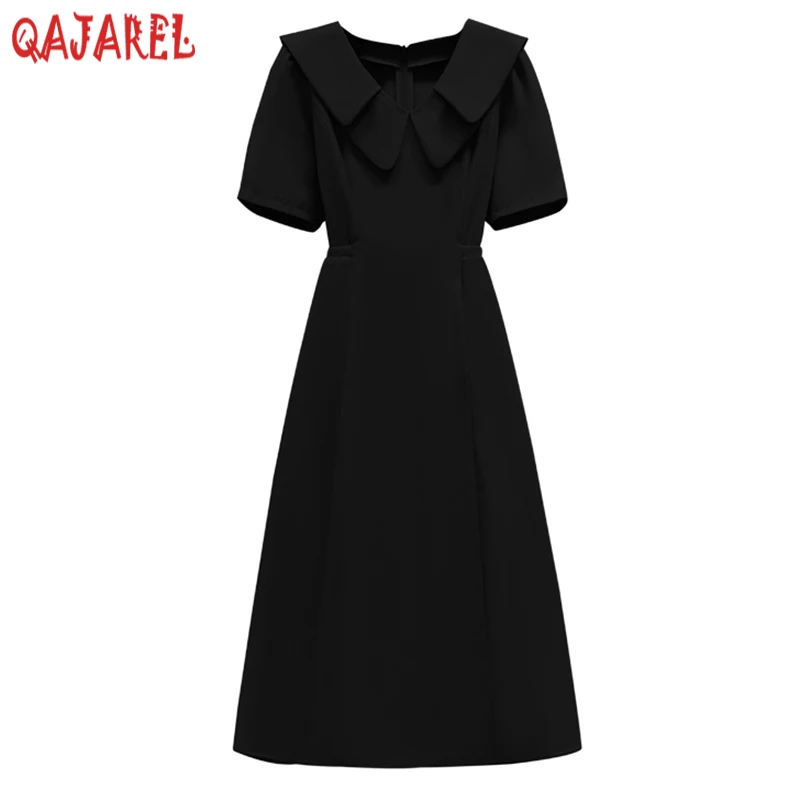 

Female Black Shrot Sleeve Doll Collar Midi Dress Summer Solid Elegant Office Lady Dress 2022 Korean Vintage Bodycon Party Dress