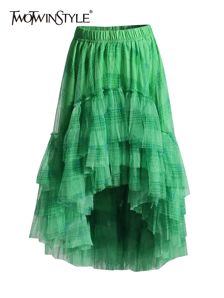

TWOTWINSTYLE Vintage Plaid Skirts For Women High Waist Irregular Patchwork Mesk Elegant Casual Skirt Female Fashion Clothing New
