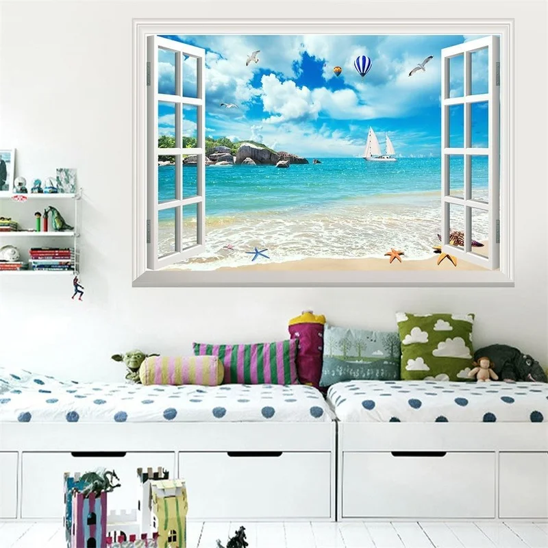 

2022 New 3D Fake Window Beach Seagull Hot Air Balloon Scenery Wall Stickers Bedroom Decorative Painting Wall Decoration