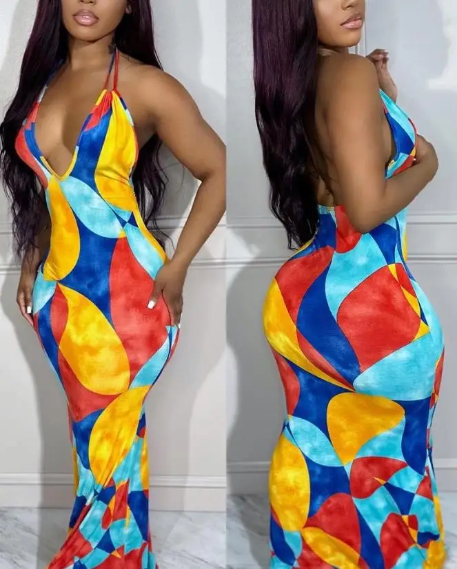 

Dresses for Women 2023 Summer Fashion Holiday Tie Dye Sexy Strap Tight Colorblock Hater Backless Maxi Dress Streetwear Vestidos