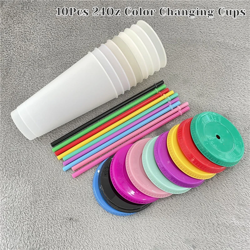 

10Pcs Color Changing Cups with Lids and Straws 23.6oz Reusable Plastic Tumblers for Kids and Adults, Confetti Color Changing Cup