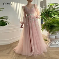 oimg fairy tulle sequin pink prom dresses v neck puff long sleeves slit elegant evening formal party dress vestido de fiesta