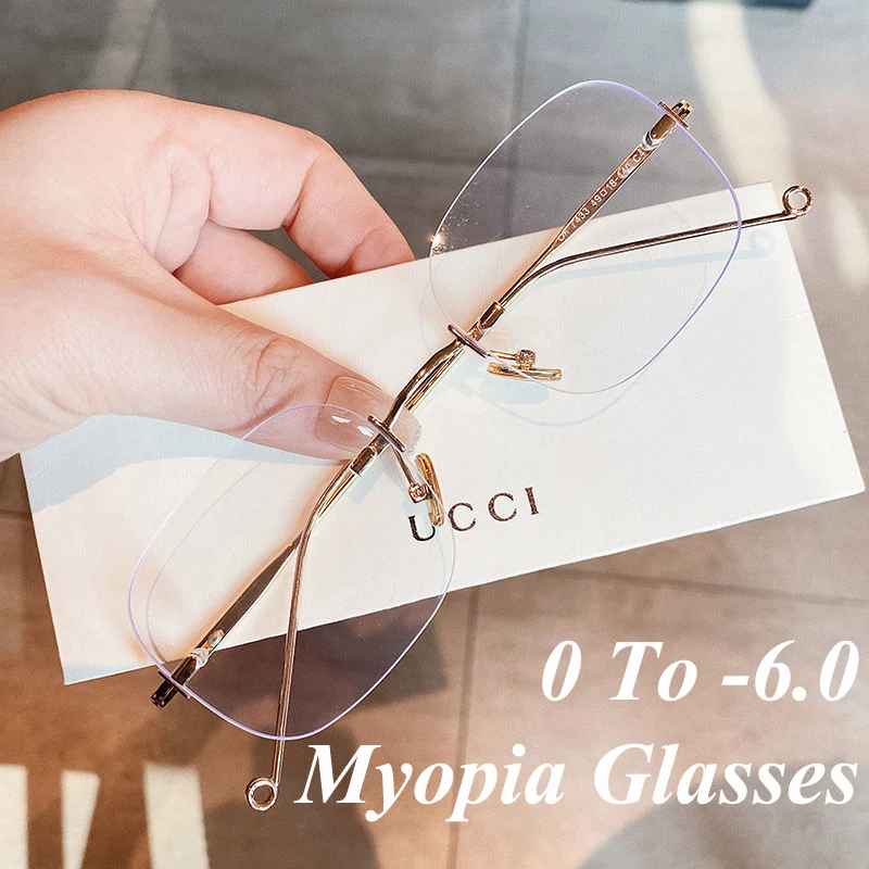 

High Quality Myopia Glasses Unisex Square Frameless Shortsighted Eyeglasses Anti Blue Light Finished Optical Eyewear Diopter
