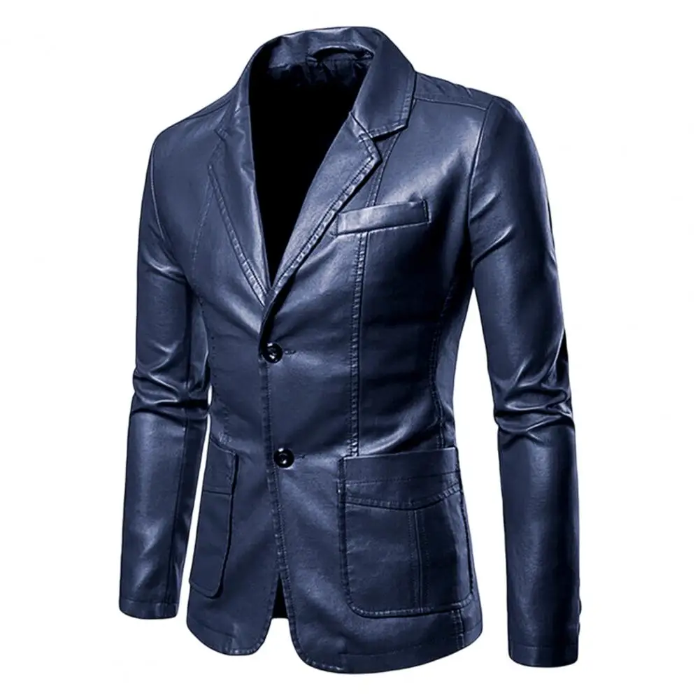 

Men Jacket Coat Solid Color Smooth Surface Loose Biker Coat Faux Leather Single Breasted Motorcycle Jacket Streetwear