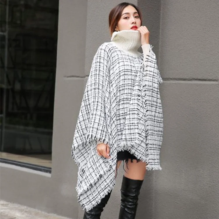 

Корейская шикарная осенне-зимняя женская накидка большого размера с высоким воротником в клетку теплая свободная шаль с кисточками Женска...