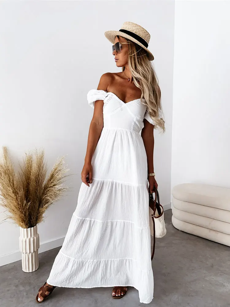 

2022 Elegant White Puff Sleeve V neck Dress Women Holiday Beach Sundress A-line Sexy Backless Short Sleeve Maxi Dresses A1662