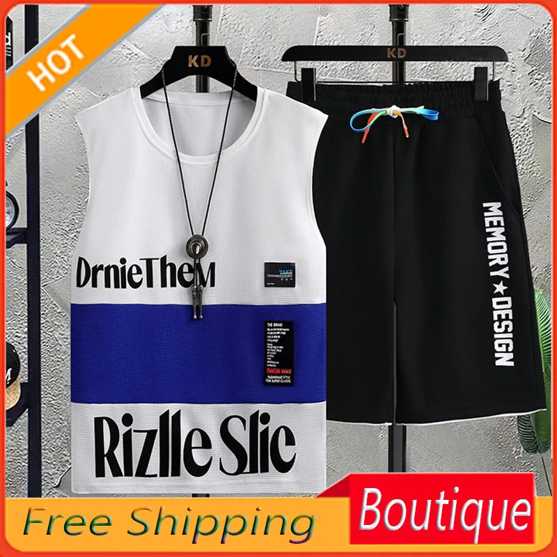 Live Broadcast Popular Sleeveless Vest Sportswear Suit Men's Summer Casual Running Summer Waffle Shorts T-shirt Men's Clothing