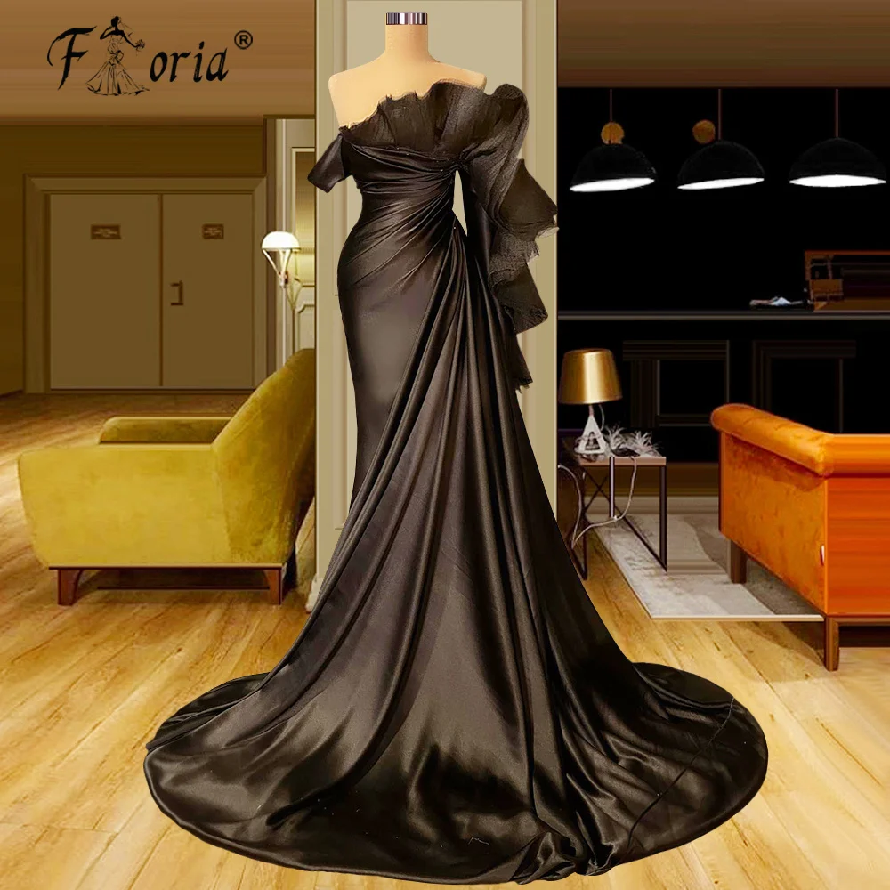 

Sexy Arabic Black Evening Dresses With One Shoulder Sleeve Pleats Ruffles Mermaid Satin Formal Celebrity Wedding Party Dress
