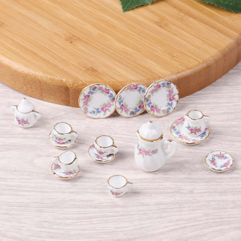 

15Pcs 1:12 Miniature Porcelain Tea Cup Set Chintz Flower Tableware Kitchen Dollhouse Furniture Toys For Children Kids Toys