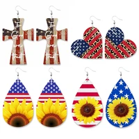 new sunflower print american flag earrings 2022 independence day souvenir pu leather love heart cross earrings national day gift