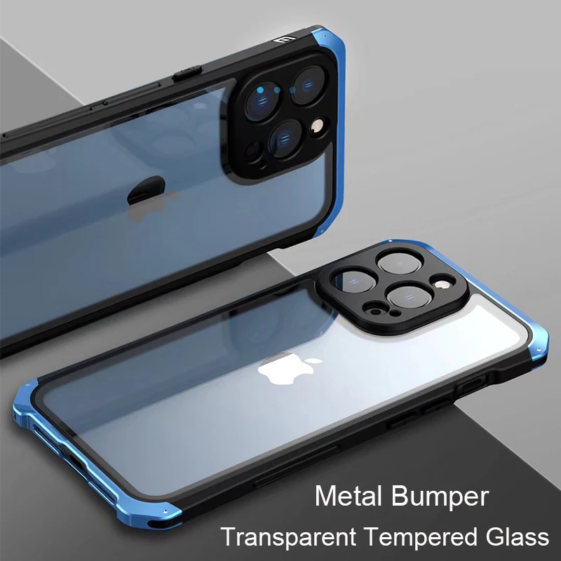 Shockproof Armor Clear Metal Case For iPhone 13 Pro MAX 14 Plus Bumper Transparent Tempered Glass Camera Protector Phone Cover