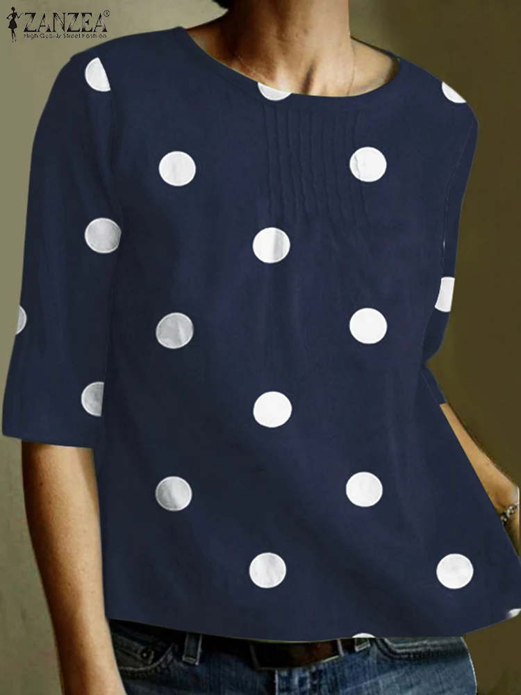 

ZANZEA Bohemian Polka Dots Printed Shirt Summer Oversized Women's Blouse Stylish Casual Holiday Tops Half Sleeve O-Neck Blouses