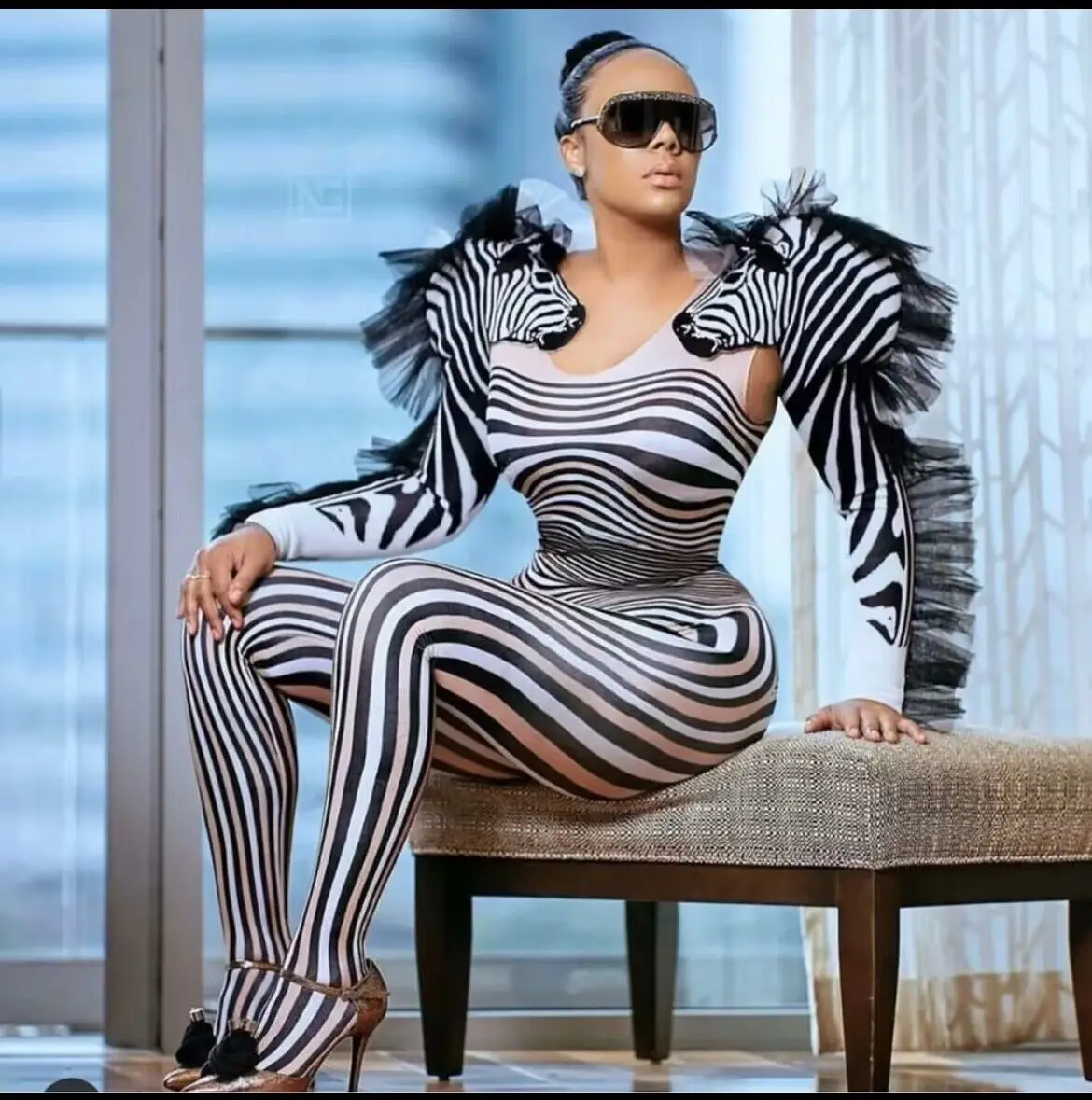 Наряд для выступлений комбинезон с рисунком зебры женский сексуальный