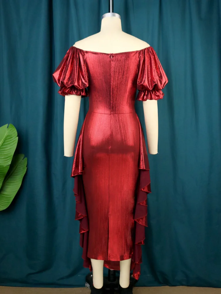 Plus Size Women's Dresses Sexy Shiny V-neck Party Dress 2022 Lustrous Ruffle Puffed Sleeves Elegant Dress Lady Evening Dress