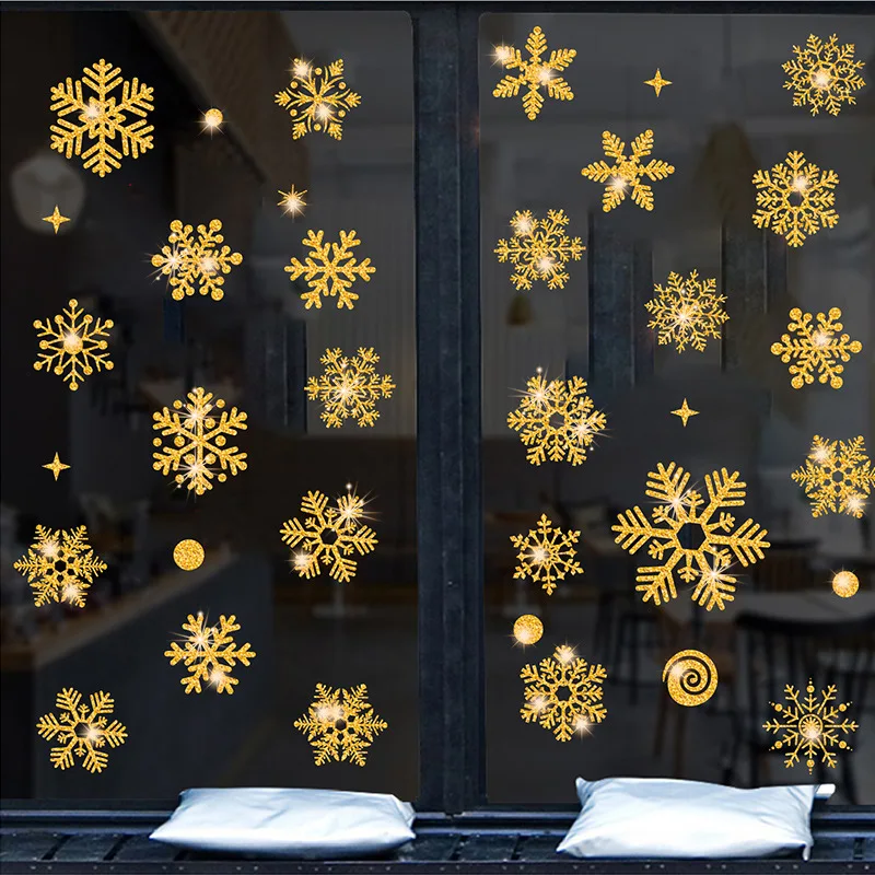 

Christmas Window Stickers Glitter Gold Snowflake Static Glass Door Decoration Wall Stickers Waterproof Self-adhesive Wallpapers