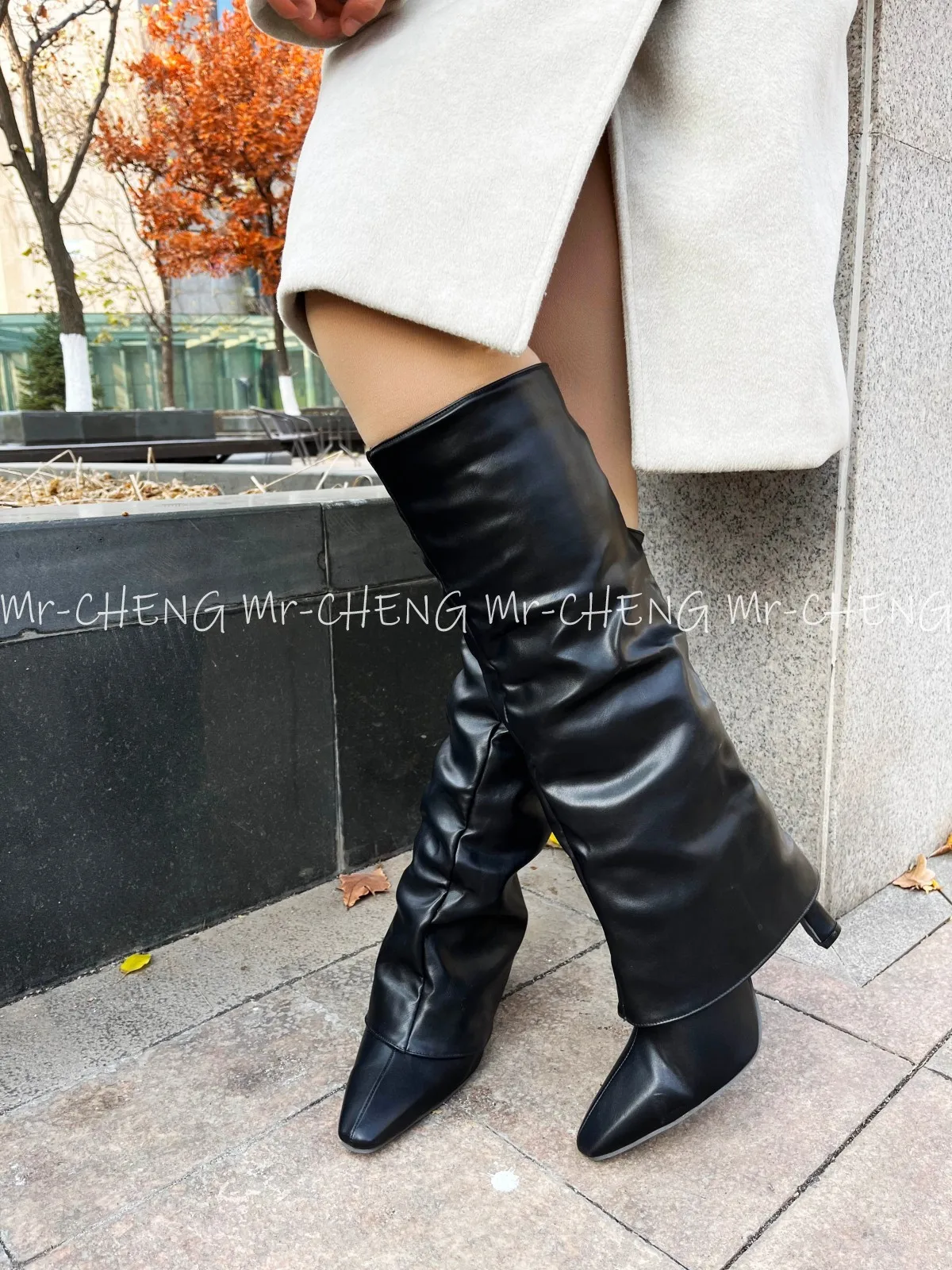 2025 черные сапоги до колена на высоком каблуке забавные женские брючные