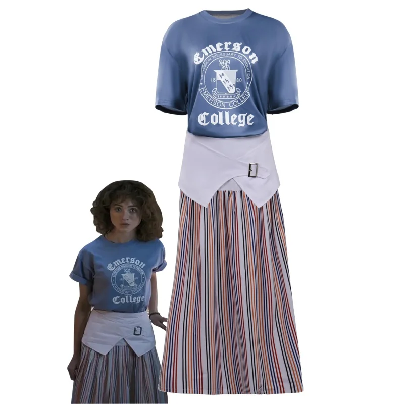 

Stranger Cosplay Things 4 Costume Nancy Wheeler Outfit Women Girls Short Sleeve Blue T Shirt Vertical Striped Long Skirt Suit