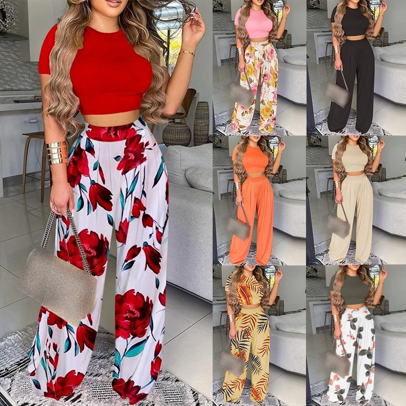 

Summer Women Crop Tops Wide Leg Pants Sport Suit Casual Lady Short Sleeve Pullover Full Pants Houseware Femme Outfits Suits