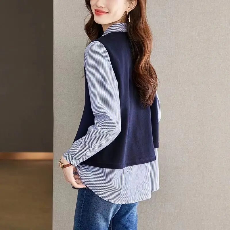 Модные Полосатые блузки из двух частей с лацканами и пуговицами женская одежда