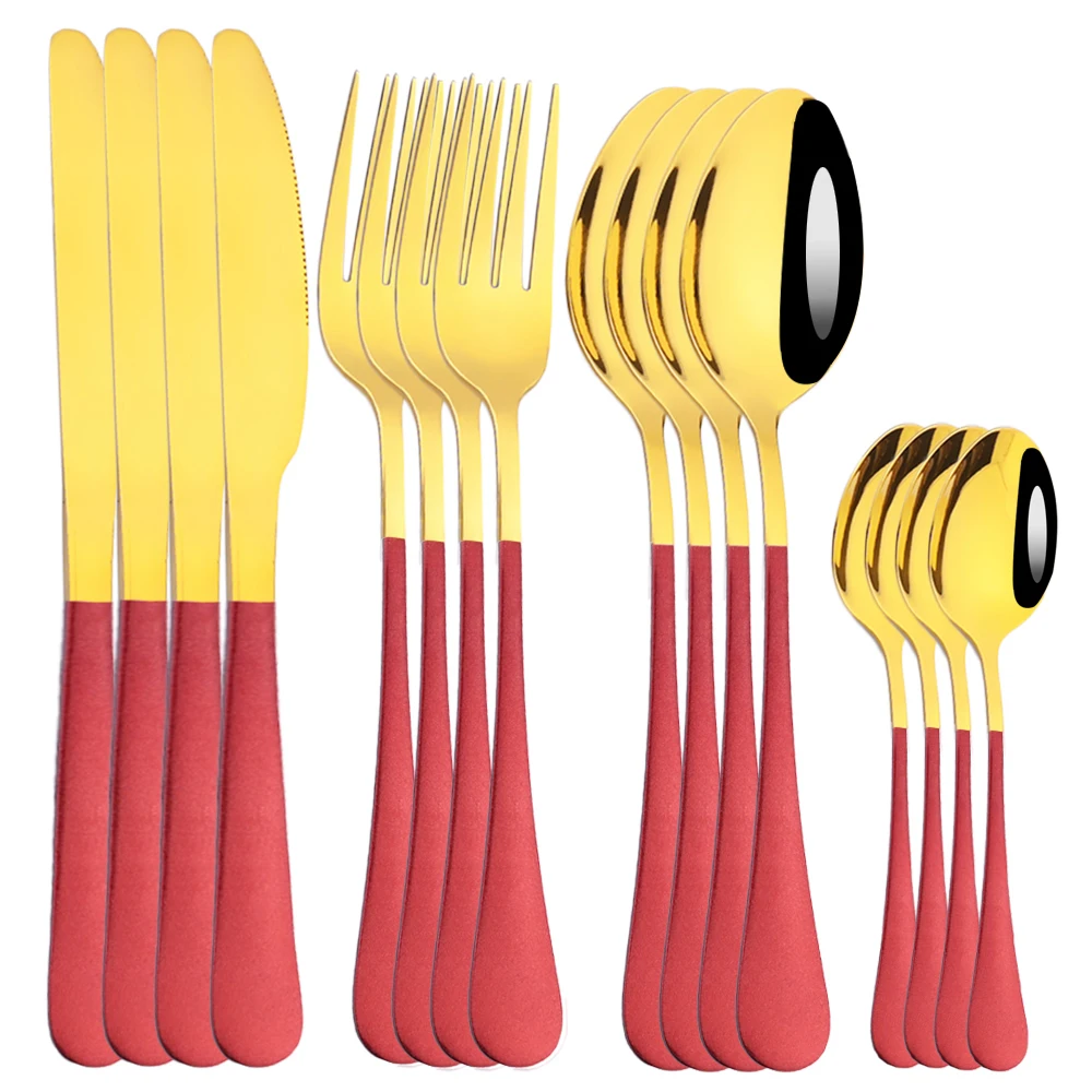 

16pcs Red Gold Dinnerware Set 304 Stainless Steel Cutlery Sets Mirror Dinning Fork Coffee Spoon Knife Kitchen Home Tableware Set