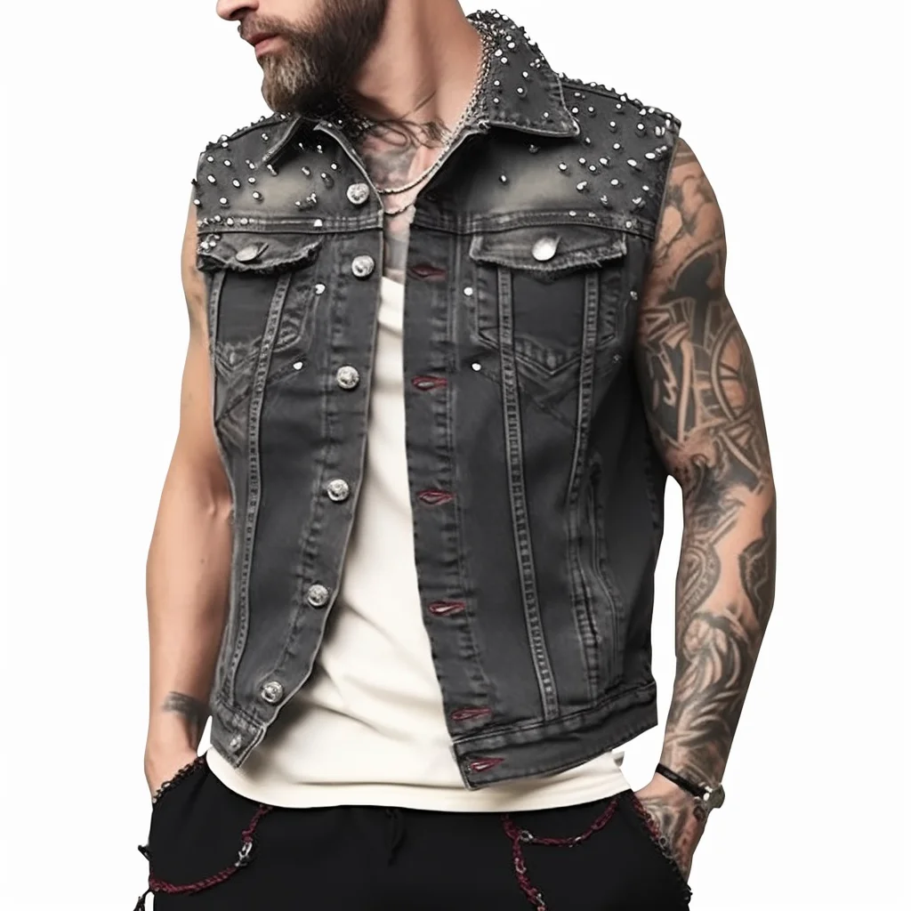 

Men's Vintage Punk Denim Vest Sleeveless Jean Jackets with Rivets