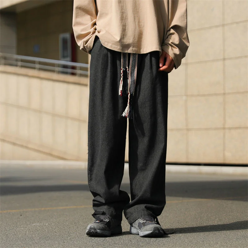 Oversized Jeans Men Fashion Drawstring Casual Wide Leg Jeans Mens Japanese Streetwear Hip Hop Loose Straight Denim Trousers Men