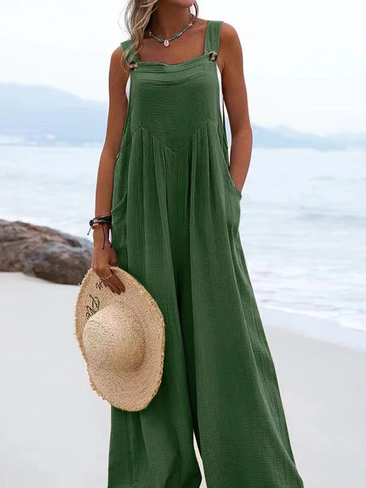 

Комбинезон женский однотонный с широкими штанинами, свободный Ромпер на пуговицах, с подтяжками, с двумя карманами, для отдыха и отдыха, на л...