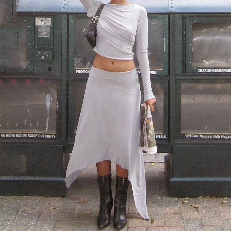 

Fashion 2 Piece Set Oufits Women Backless T-shirt Crop Tops + Irregular Midi Skirt Vintage Matching Suit Korean Streetwear