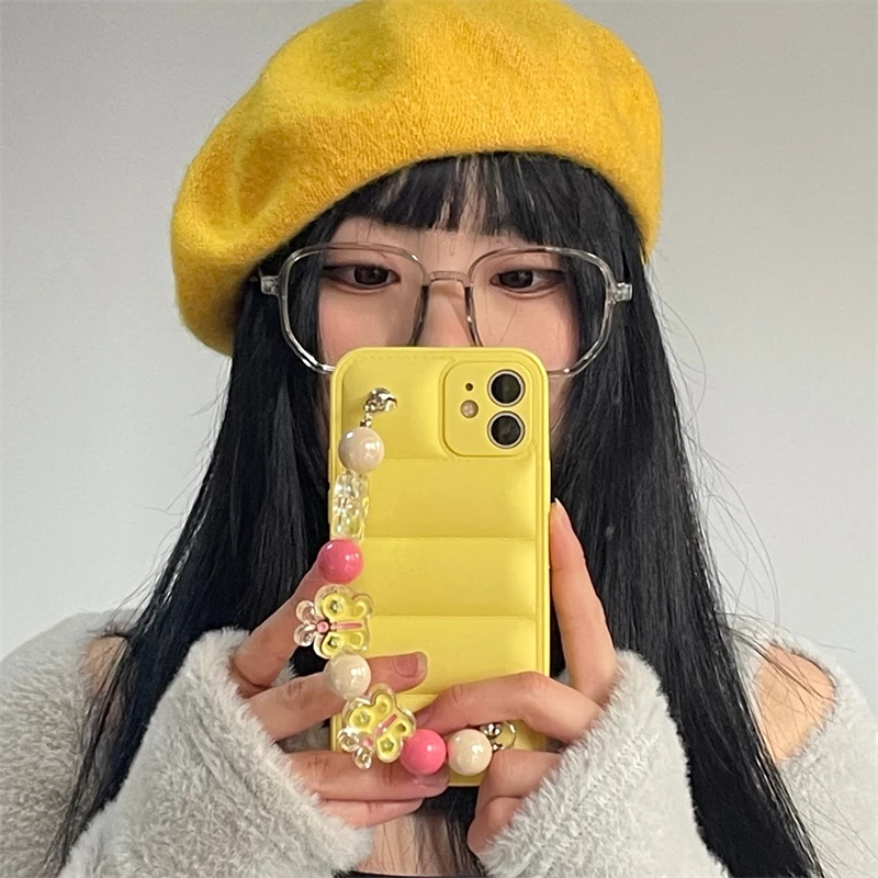 Korea Cute Butterfly beads Bracelet Wrist Chain Case For iphone 13 12 11 Pro Max 2022 Spring Yellow Down Jacket Soft Back Cover |