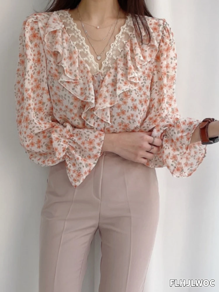 

Vintage Retro Shirts Flare Sleeve Single Breasted Button Cute Sweet Women Korea Japan Style Ruffled Chic Cute Pink Tops Blusas