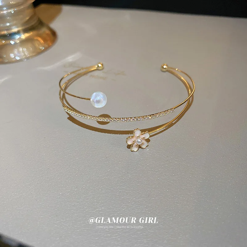 

Minar 2022 Trendy White Color Enamel Flower Charm Bangles for Women Brass Gold Simulated Pearl Cuff Bracelet Wedding Accessories