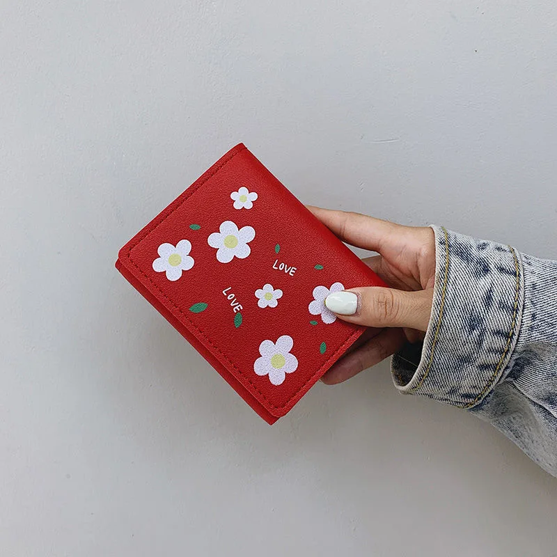 

Женский короткий кошелек, трехслойный кошелек с принтом, Модный маленький яркий кошелек в Корейском стиле, искусственная кожа с цветочным рисунком