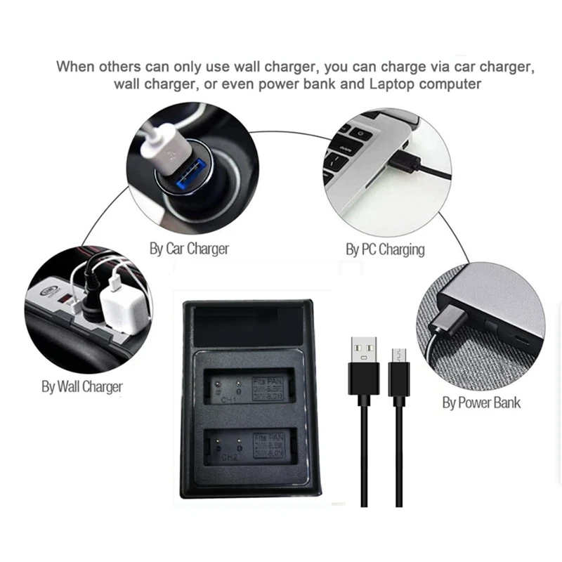 Зарядное устройство DMW-BLG10 LCD USB для двух батарей Panasonic Lumix DMC-GF6 GX7 GX80 GX85 Mark II DMW-BLE9E