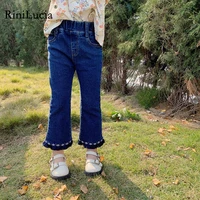rinilucia 2022 spring baby girls denim trousers solid elastic split tassel splice kids jeans korean children flared pants