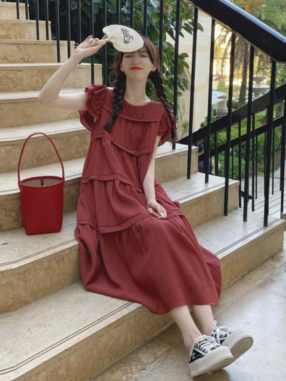 Красное женское платье с маленькими рукавами новинка 2024 французский стиль милый