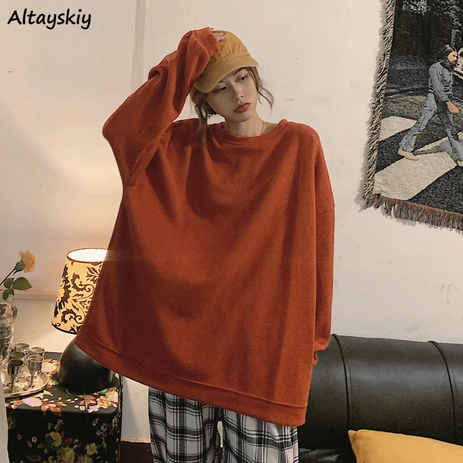 

Solid Hoodies Women Sweatshirts Basic Long Sleeve O-neck Korean Style Loose Casual Street Wear BF Couples No Hat Hoodie Harajuku