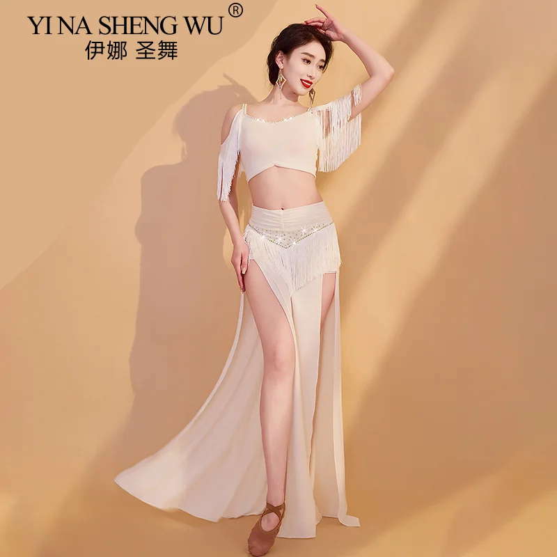 Костюм для танца живота женский блестящий топ без рукавов с бахромой и длинная