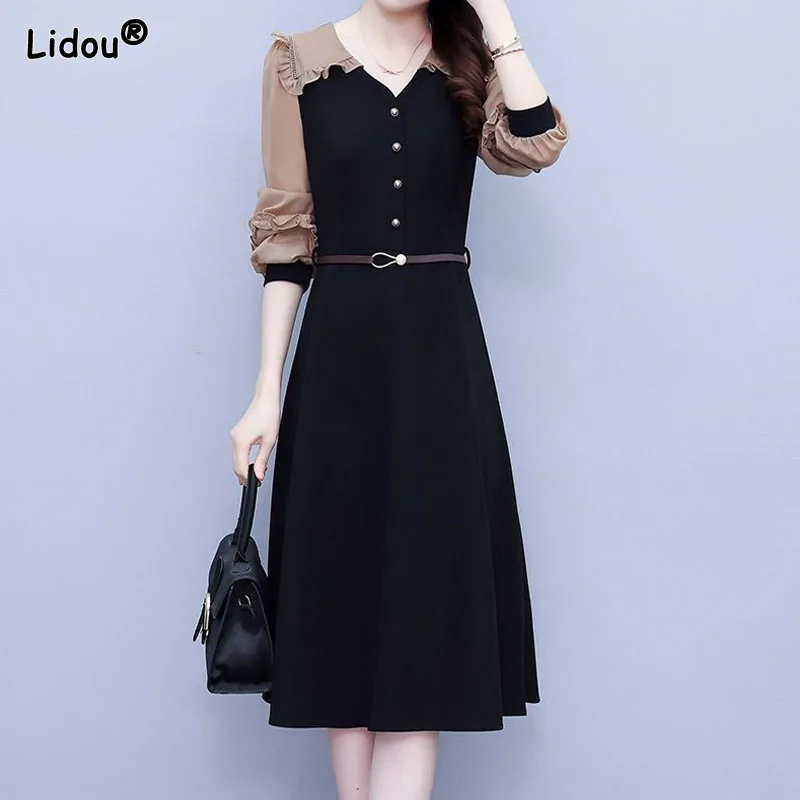 

French Lightly Cooked Ladies Black Autumn Dresses Peter Pan Collar Puff Sleeve Agaric Lace Belt Mid-calf Lattice Patchwork Grace