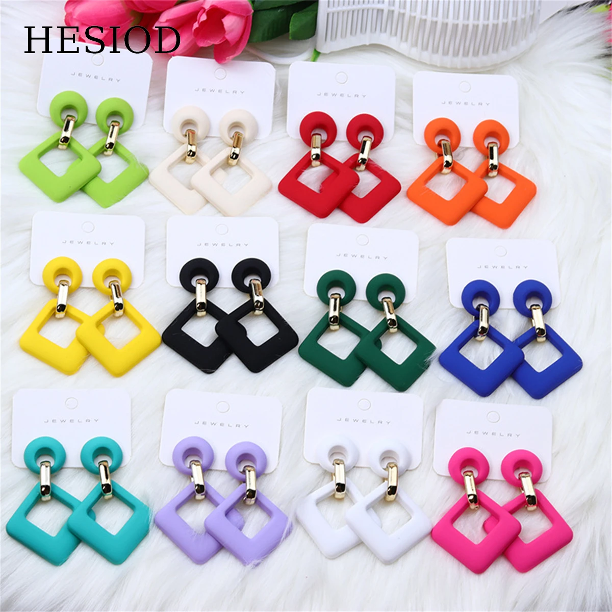 

Hot 12 Styles Trendy Macaron Color Hollow Diamond Shape Pendant Hanging Dangle Earrings For Women Piercing Jewelry Accessories
