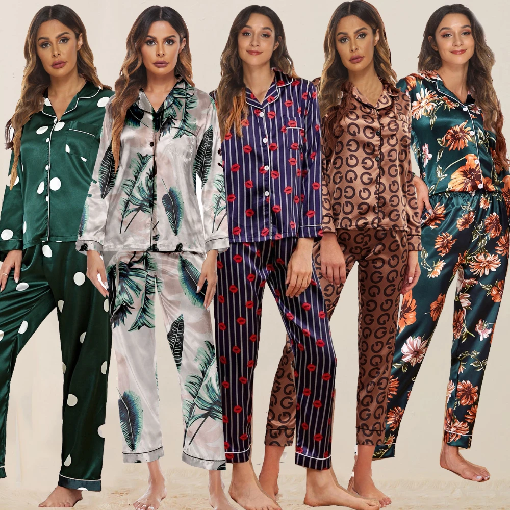 

Womens Silk Satin Pajamas Set Long Sleeve Two-piece Pj Sets Sleepwear Loungewear Autumn Button Ding Cardigan Pyjama Pour Femme