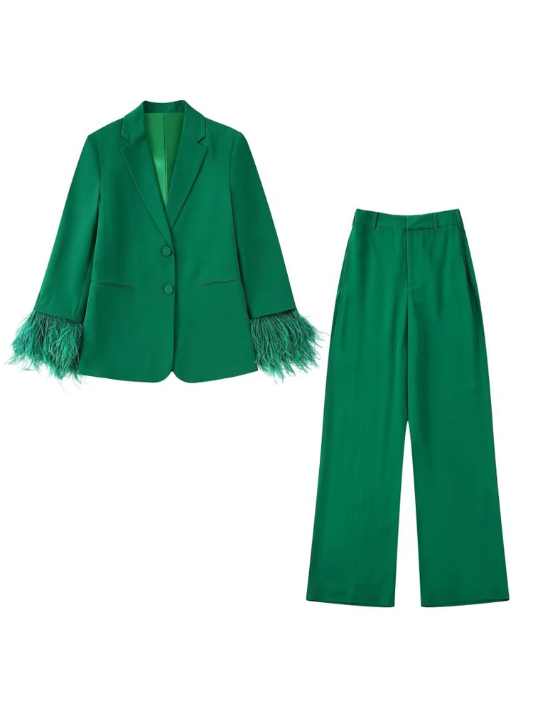 

Женский брючный костюм из двух предметов, повседневный однотонный блейзер с перьями и брюки, элегантная офисная одежда, лето 2022