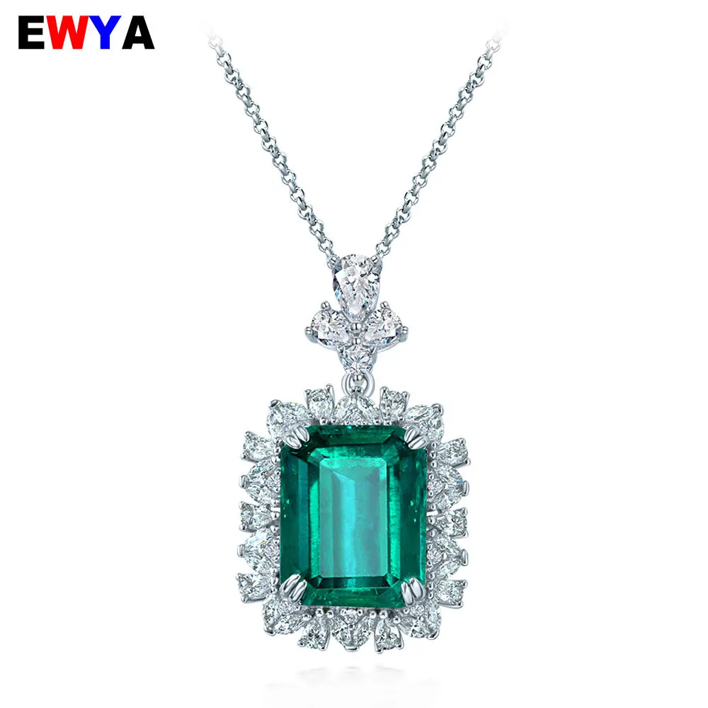 

EWYA S925 Silver Simple Synthetic Emerald 9ct Rectangular Necklace Women's Necklace High Carbon Diamond Collarbone Chain Jewelry